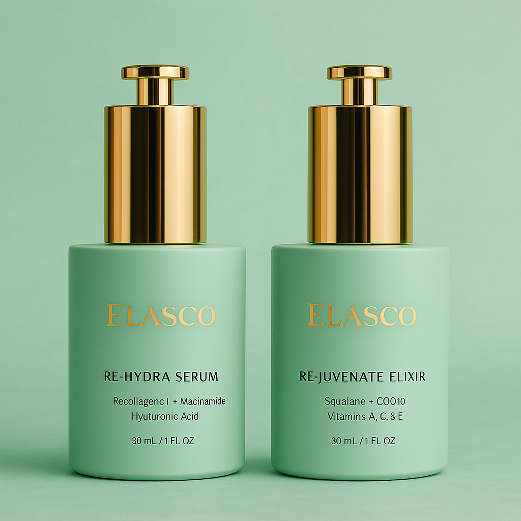 ELASCO Essence Duo – RECOLLAGEN® III Re-Hydra Serum + MULTI-VITAMIN CoQ10 Re-Juvenate Elixir for Hydrated, Youthful Skin